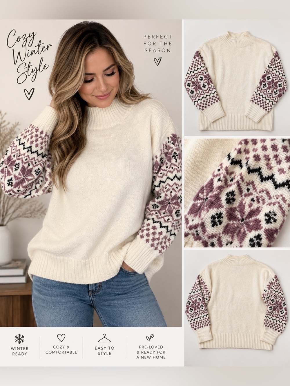 Christian Siriano Cream Turtleneck Sweater with Mauve Fair Isle Sleeves
